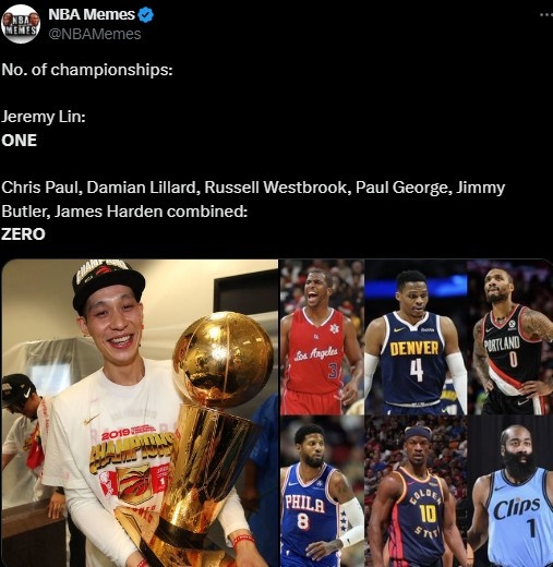 米乐M6-美媒调侃：哈登&amp;保罗&amp;利拉德&amp;威少&amp;乔治等加起来0冠 林书豪有一冠